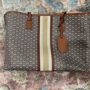Elegant Brown and Cream Tote Bag Tory Burch
